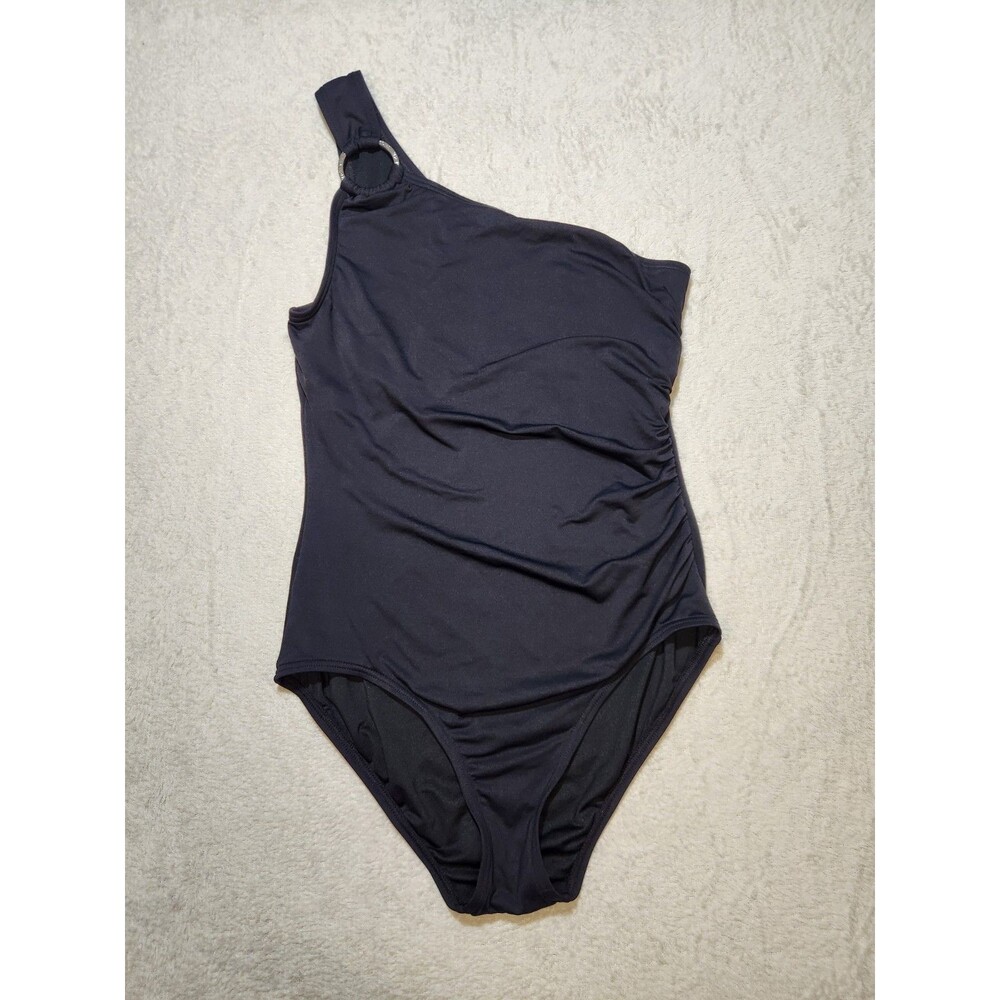 Michael Kors Women's 10 One Piece Swimsuit One Shoulder Black Gold Hardware